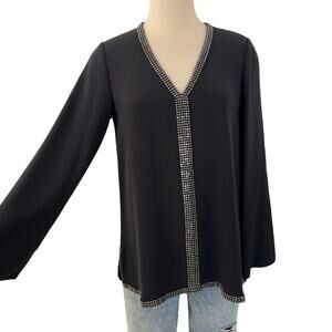Tory Burch Silk Mallet Tunic Embellished Black Long Sleeve Blouse Top 4 NWT
